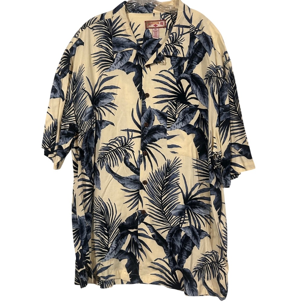 Caribbean Joe Mens XXL Tropical Palm Print Rayon Camp Shirt Navy Cream MID020